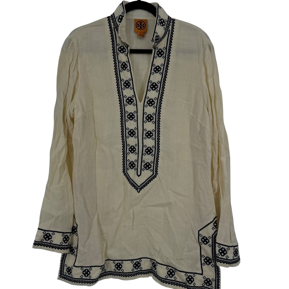 Tory Burch Ivory Linen Embroidered Tunic Top Navy Blue Geometric Boho Size 12